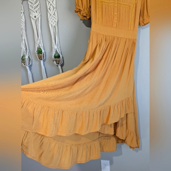 Baltic Born Cascading Ruffle Pleated Button Top Puff Sleeve Textured Front Midi - Picture 9 of 16